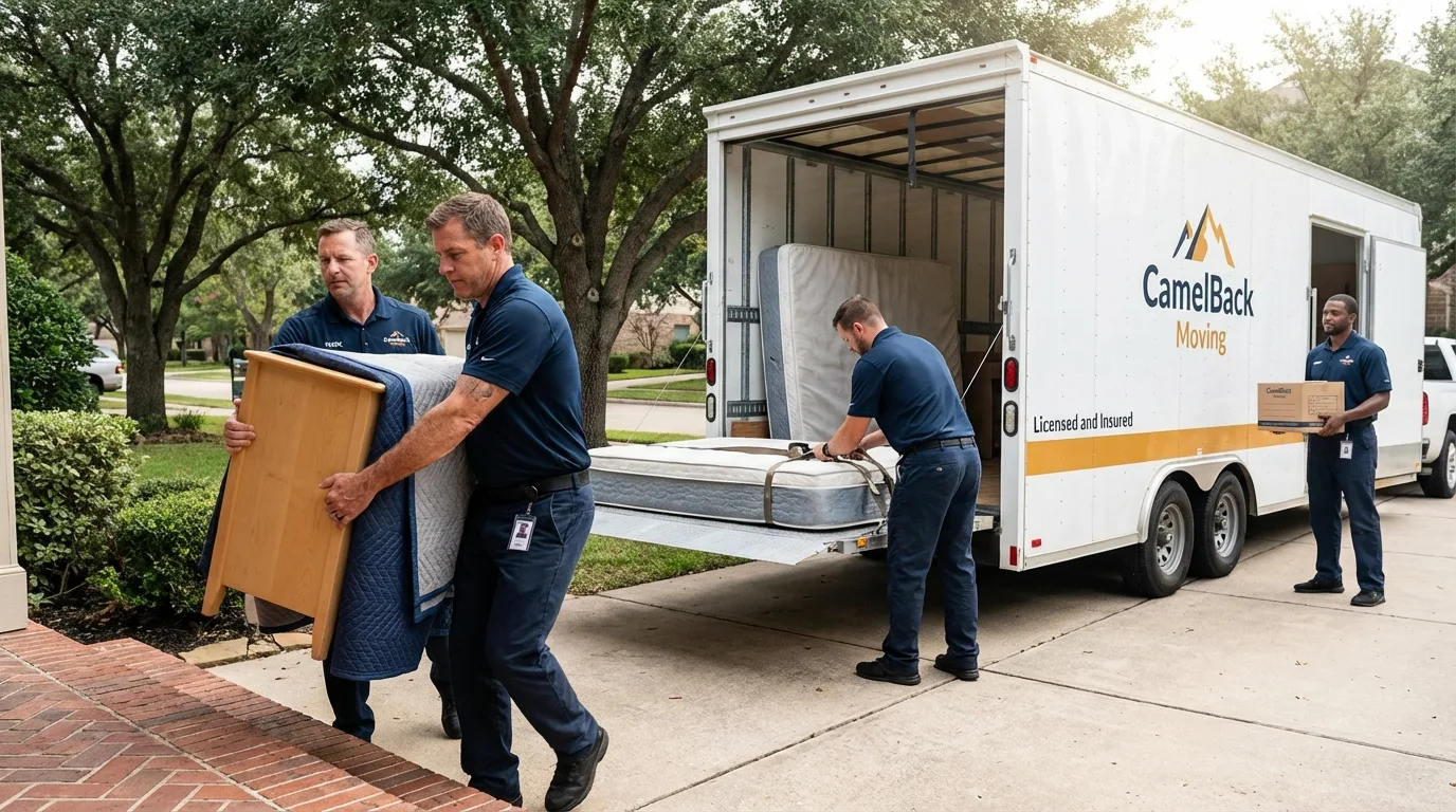 Crew loading residential truck for cross-state move from Durham, CA