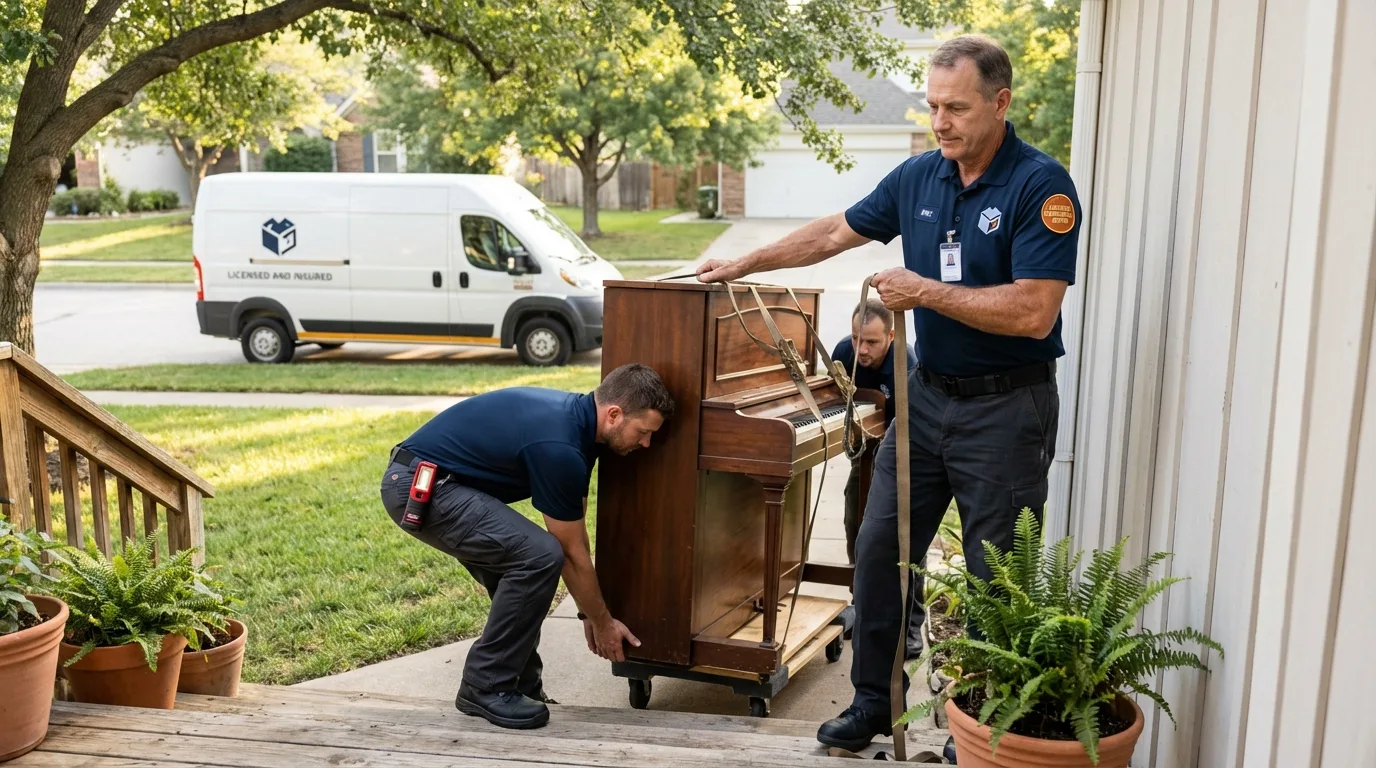 Licensed piano movers securing grand piano in Durham, CA