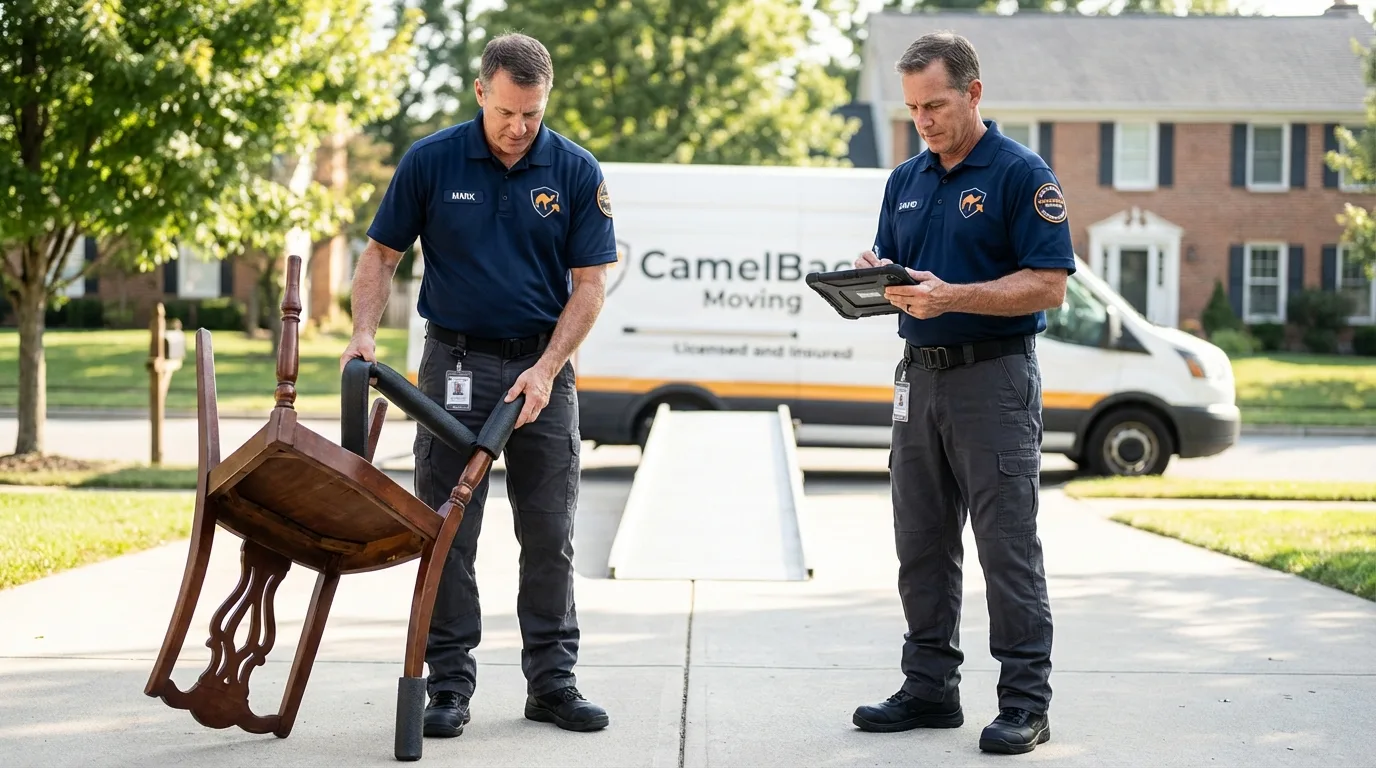 Movers inspecting furniture for damage prevention before loading in Durham, CA