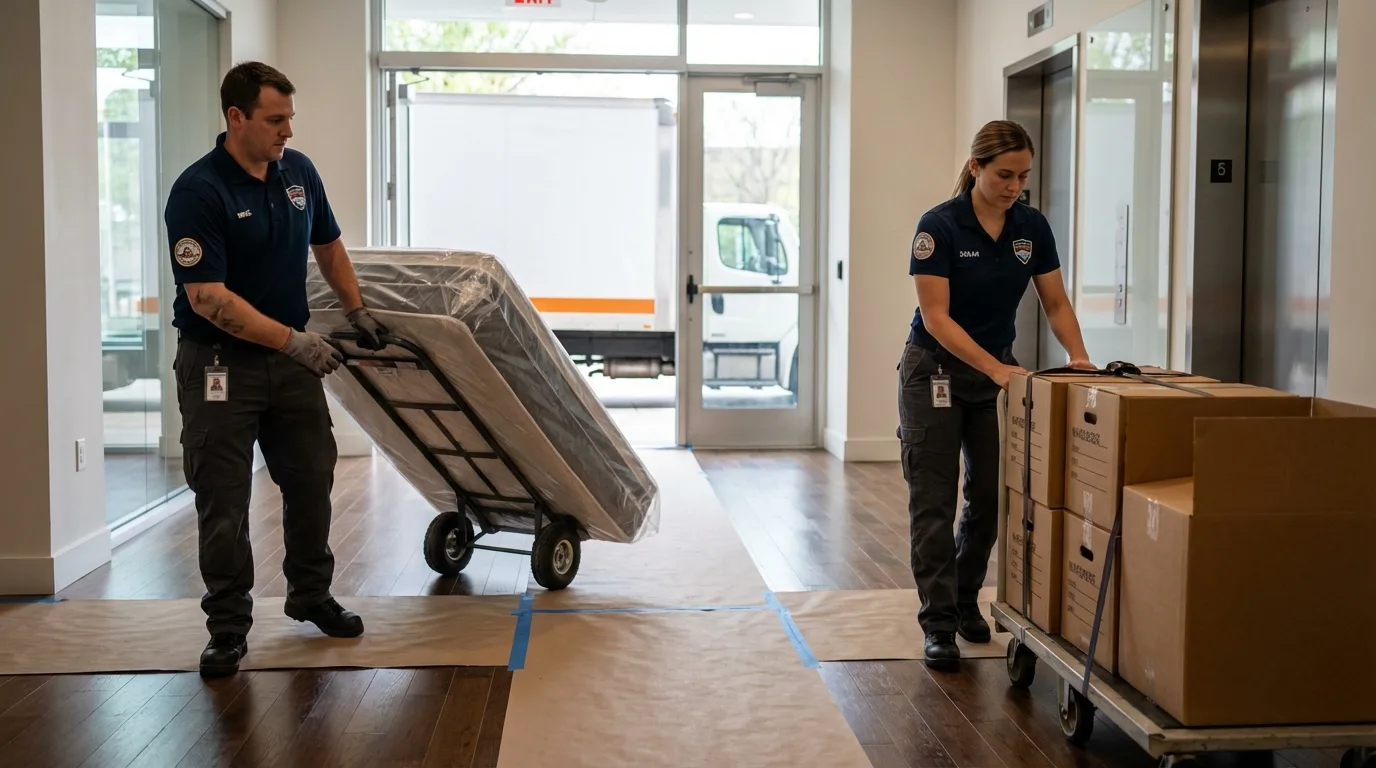 Professional apartment movers loading elevator in Durham, CA