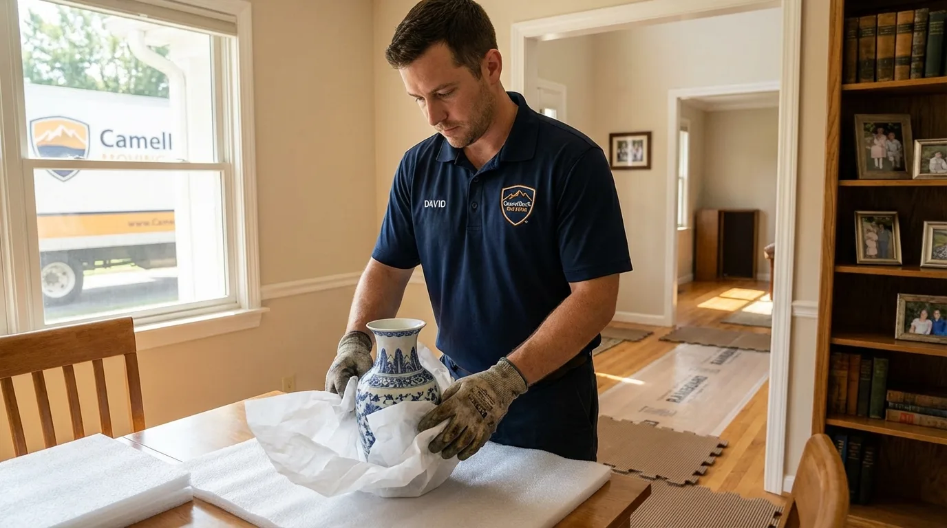 Professional crew carefully wrapping antique vase for senior downsizing move in Durham, CA
